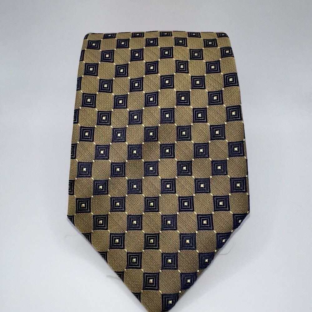 Paul Dione Silk Tie Gold Navy Geometric Square Pattern 4” Wide 58” Classic